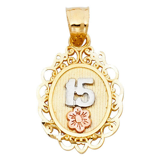14k Tri-Color Gold Right of Passage Quinceanera Gift Pendant Filigree Charm