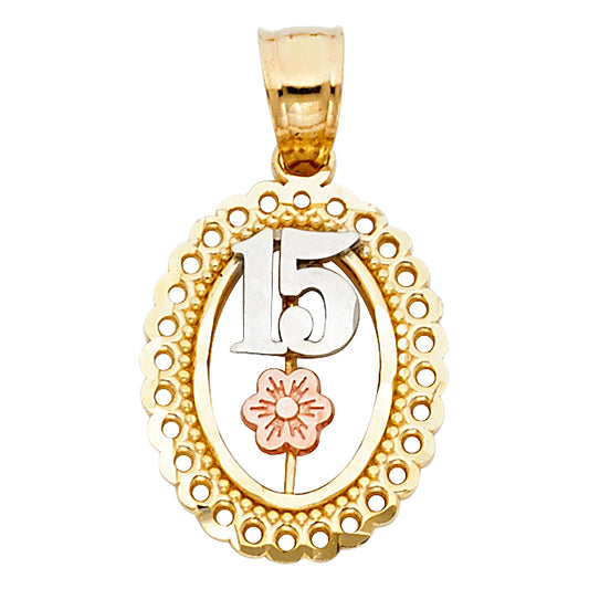 14k Tri-Color Gold 15 Anos Quinceanera Gift Pendant Girls Birthday Eternal Charm