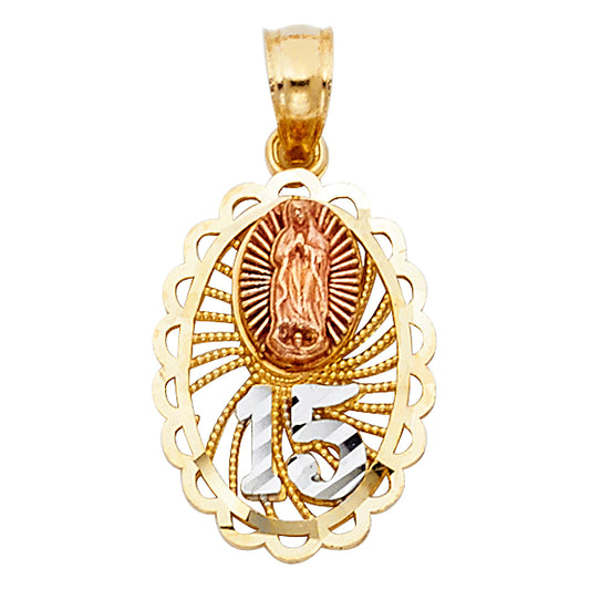 14k Tri-Color Gold Blessed Virgin Mary Quinceanera Gift Pendant Charm
