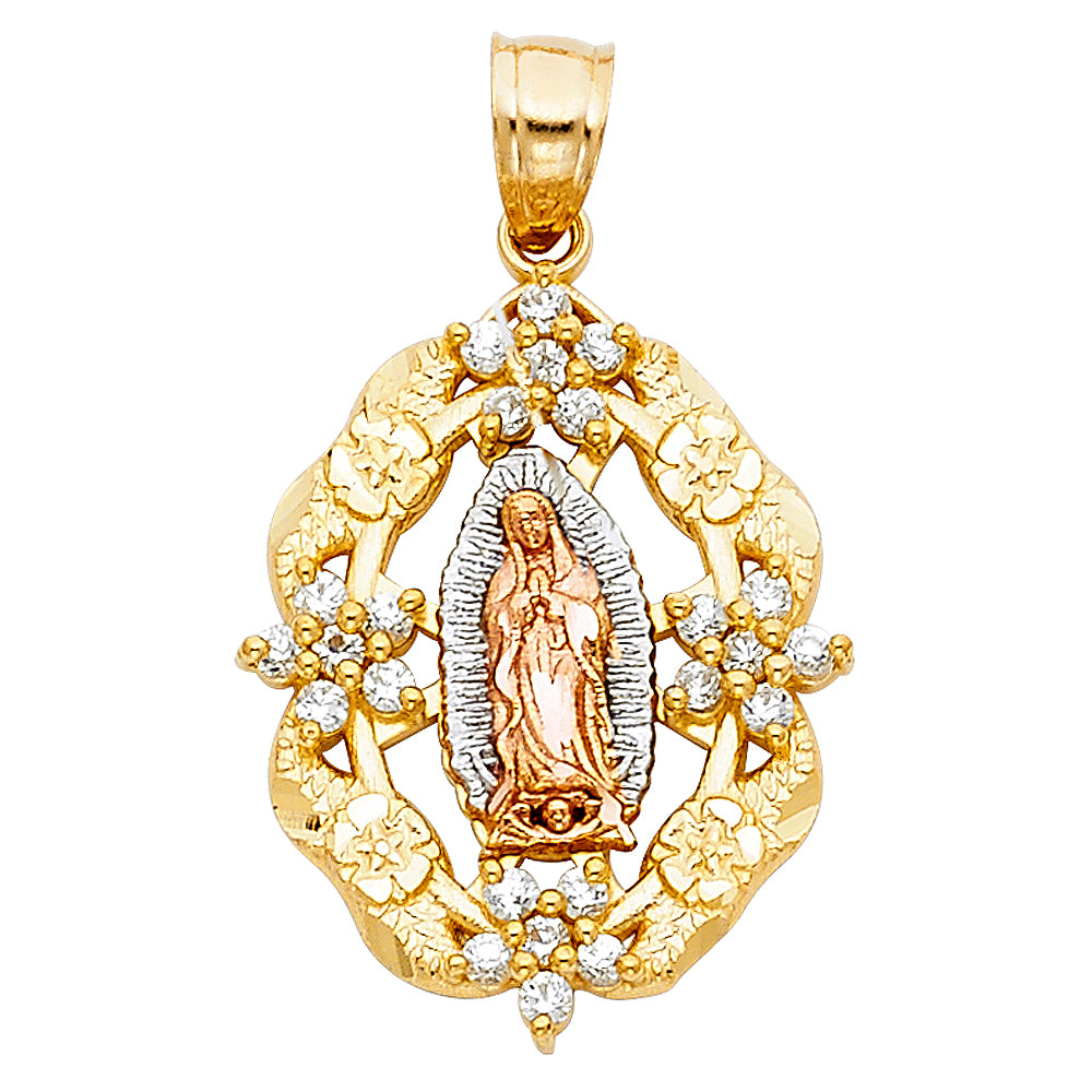 14k Tri-Color Gold Precision-Cut Guadalupe Medallion Pendant Diamond-Cut Charm