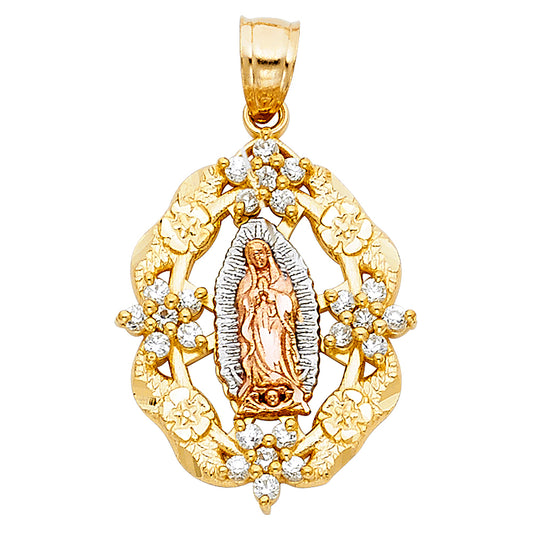14k Tri-Color Gold Precision-Cut Guadalupe Medallion Pendant Diamond-Cut Charm
