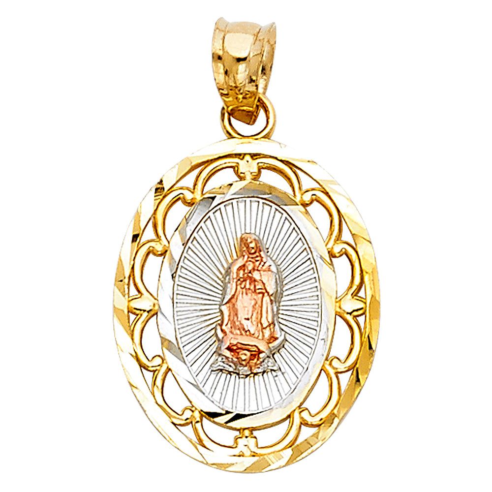 14k Tri-Color Gold Vintage Design Virgin Mary Medal Pendant Diamond-Cut Charm