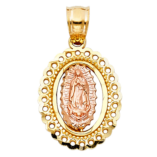 14k Two-Color Gold Classical Design Mother Mary Medallion Pendant Jesus Charm