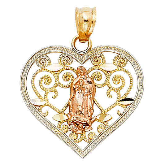14k Tri-Color Gold Quinceanera Gift Virgin Mary Heart Medal Pendant Faith Charm