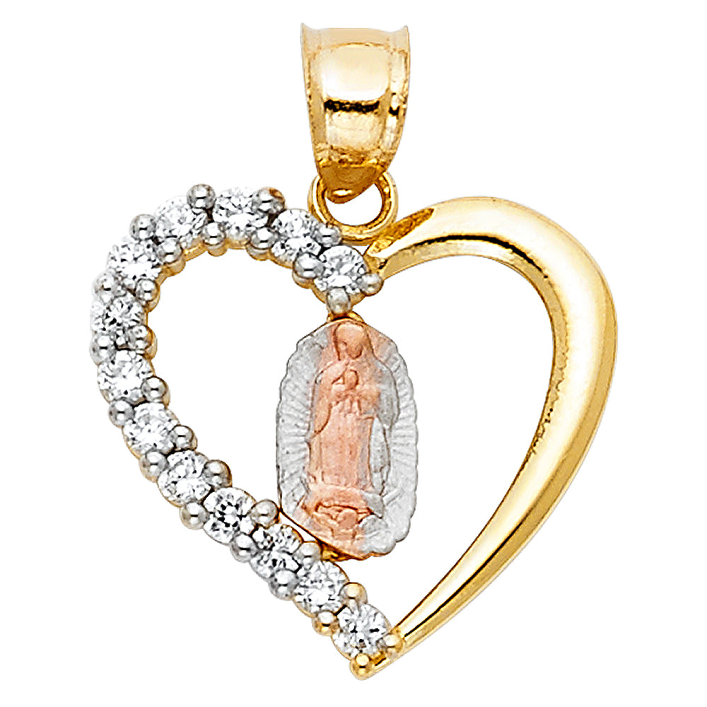 14k Tri-Color Gold Elegant Virgin Mary Heart Medallion Pendant Mother Love Charm