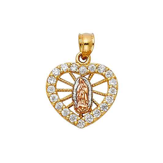 14k Tri-Color Gold Traditional Heart Holy Virgin Mary Mother of Life Pendant