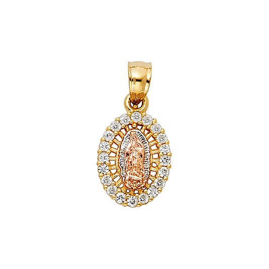 14k Yellow Gold Clear Cz Guadalupe Medallion Pendant Virgin Mary Elegant Charm