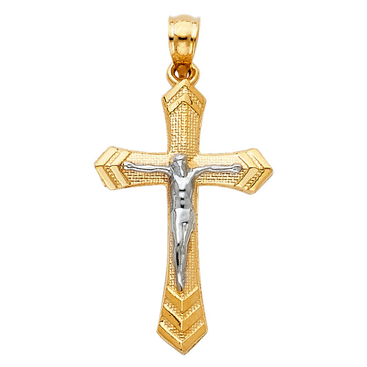 14k Yellow & White Gold Chevron Crucifix Pendant Cross Jesus Christ Charm