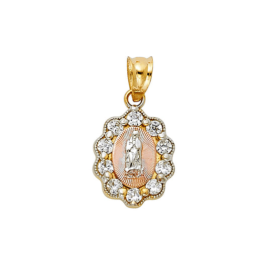 14k Tri-Color Gold Quinceanera Gift Precision-Cut Holy Mother Mary Medal Pendant
