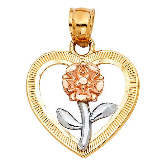 14k Tri-Color Gold Charming Present Heart Long Stem Rose Pendant Flower Charm