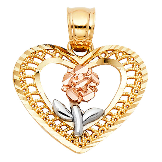14k Tri-Color Gold Stylish Heart Long Stem Rose Pendant Love Flower Charm