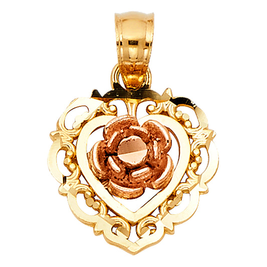 14k Tri-Color Gold Ornate Flower Fancy 3D Rose Heart Pendant Beautiful Charm