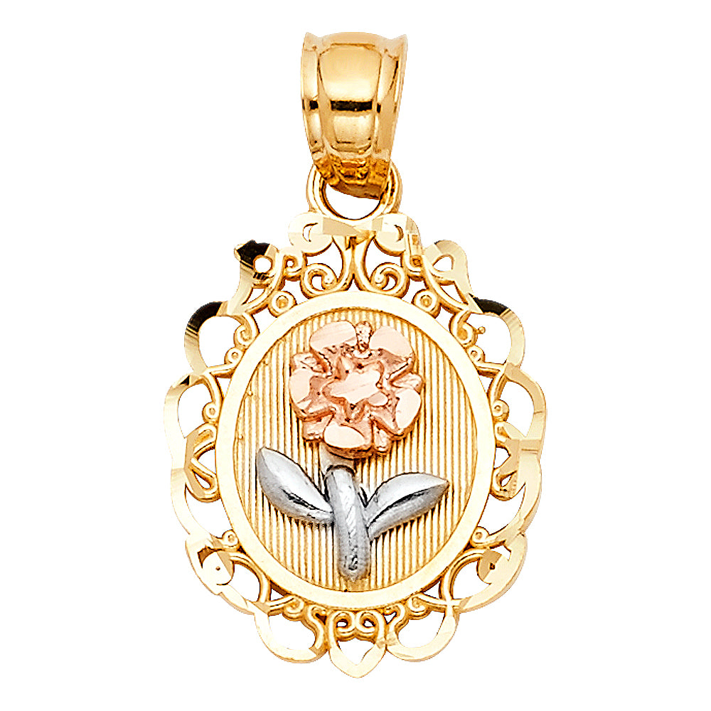 14k Tri-Color Gold 3D Precision-Cut Long Stem Rose Pendant Diamond-Cut Charm