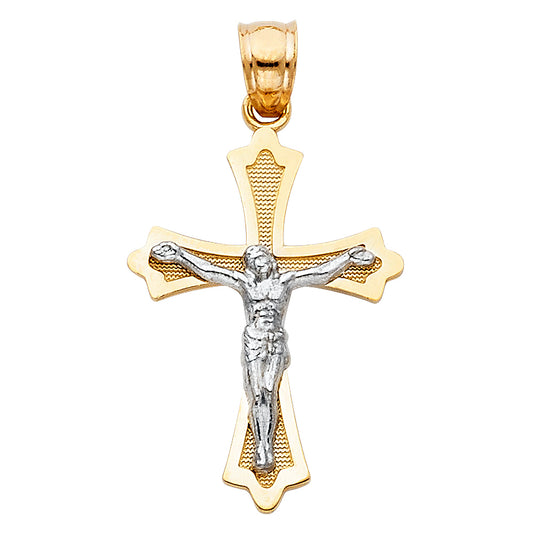 14k Yellow & White Gold Cross Pendant Elegant Catholic Crucifix Jesus Charm