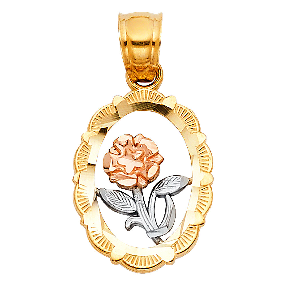 14k Tri-Color Gold Floating Flower Long Stem Rose Pendant Diamond-Cut Charm