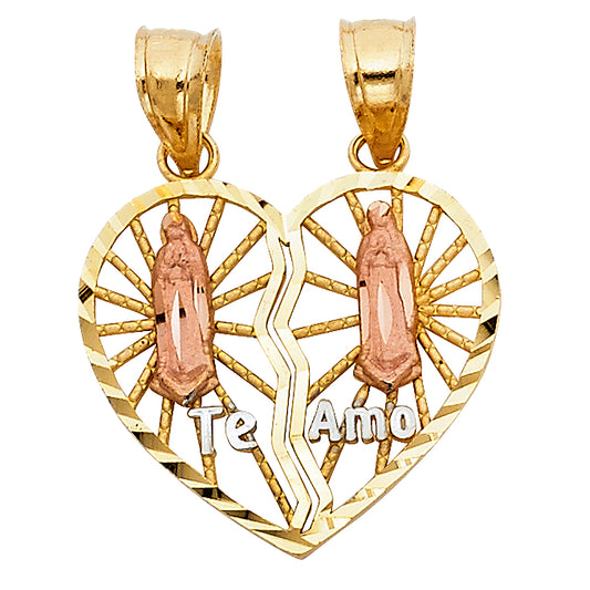 14k Two-Color Gold Virgin Mary Split Heart Gift Pendant Te Amo I Love You Charm