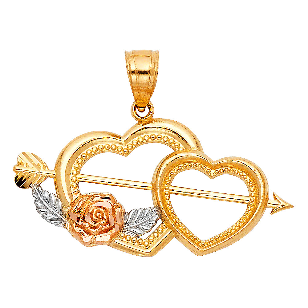 14k Two-Color Gold Charming Rose Cupids Arrow Double Heart Pendant Lovers Charm