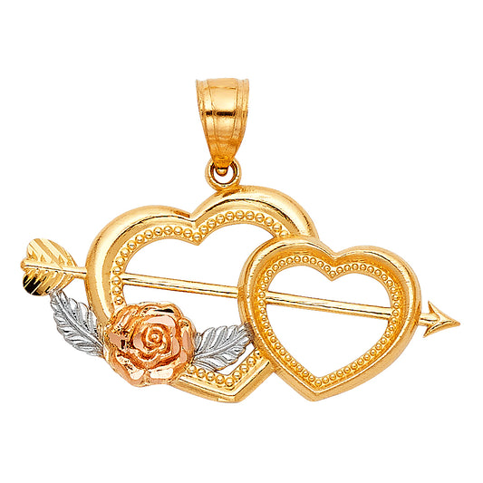 14k Two-Color Gold Charming Rose Cupids Arrow Double Heart Pendant Lovers Charm