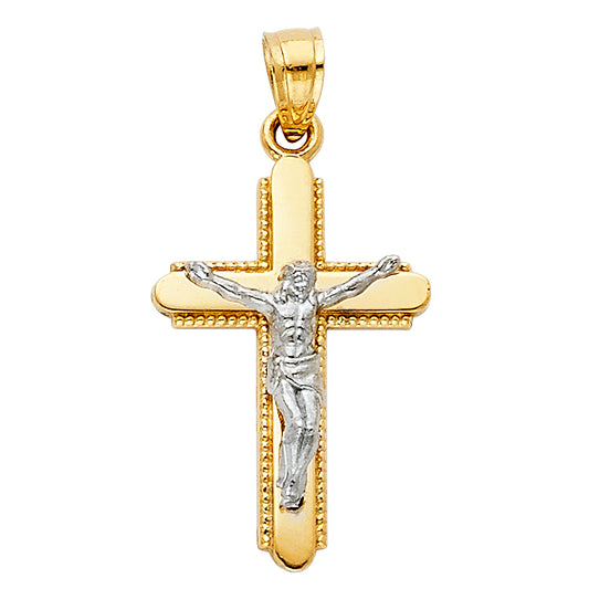14k Yellow & White Gold Rounded Cross Pendant Classic Crucifix Elegant Charm