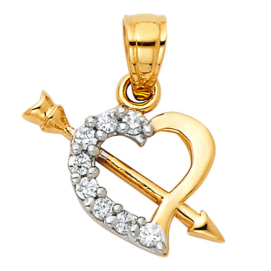 14k Two-Color Gold Gorgeous Heart with Cupids Arrow Pendant Clear CZ Charm