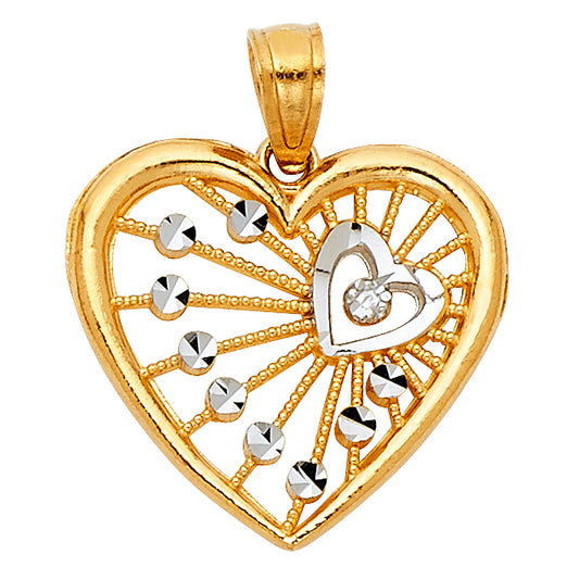 14k Two-Color Gold Precious Heart Radiant Love Pendant Clear CZ Love Charm