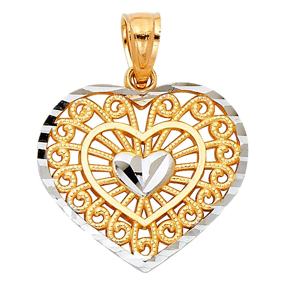 14k Two-Color Gold Radiant Love Triple Heart Pendant Diamond-Cut Charm