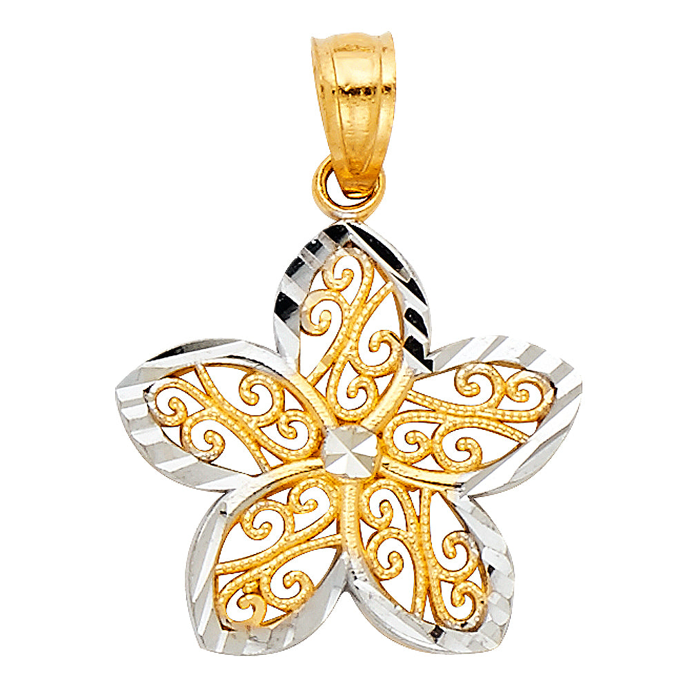 14k Two-Color Gold Shiny Contemporary Filigree Flower Pendant Diamond-Cut Charm