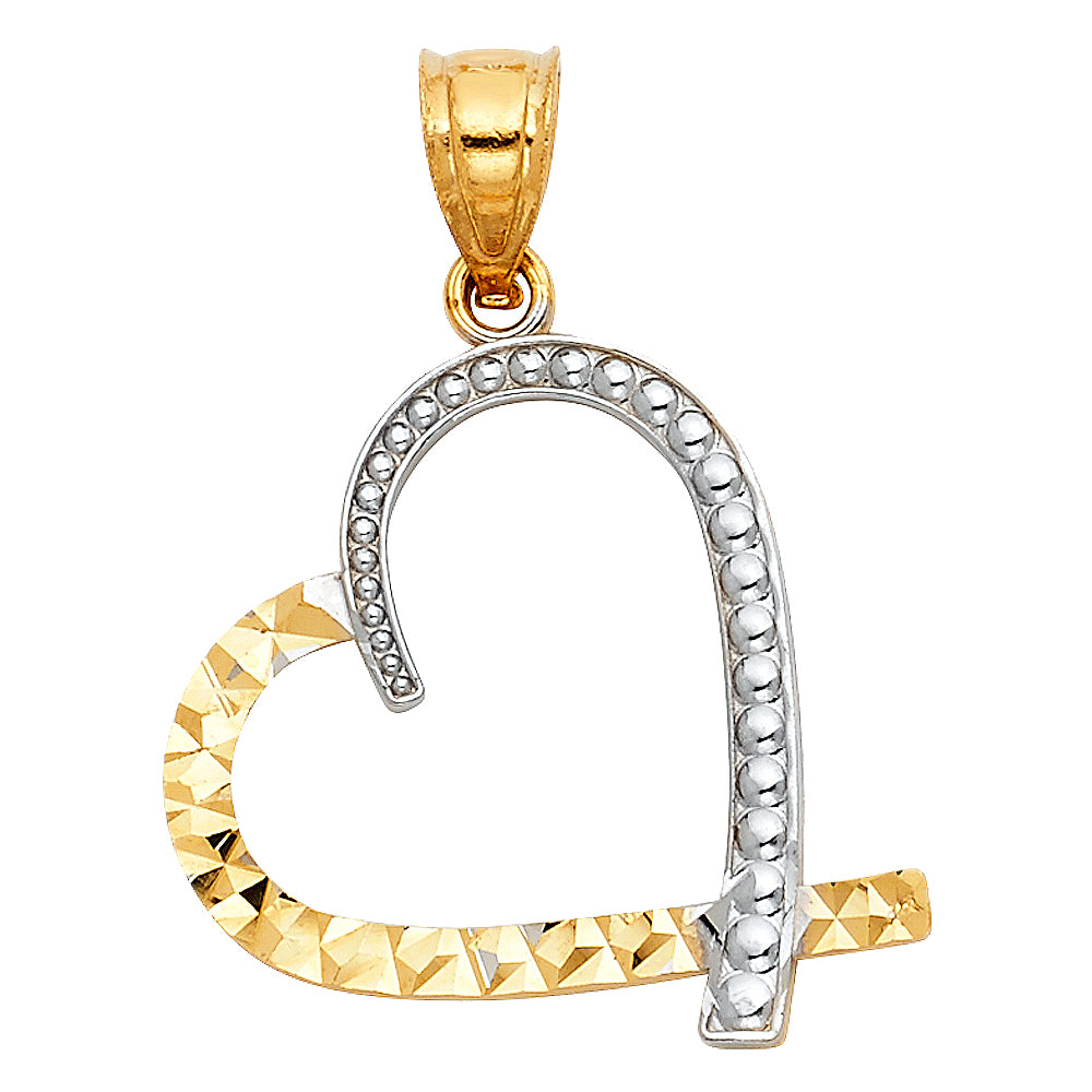 14k Two-Color Gold Open Fancy Sideways Design Heart Pendant Love You Charm