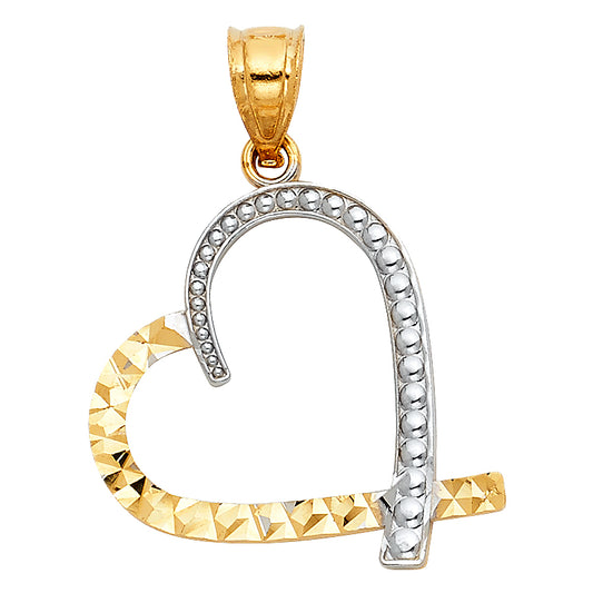 14k Two-Color Gold Open Fancy Sideways Design Heart Pendant Love You Charm