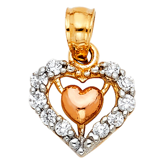 14k Two-Color Gold Adorable Clear CZ Heart Charm Sparkling Love Design Pendant