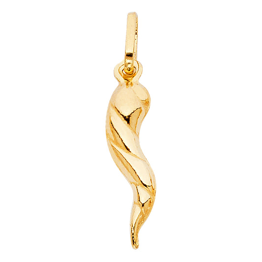 14k Yellow Gold Shiny Amulet of Italy 3D Precision-Cut Italian Horn Pendant