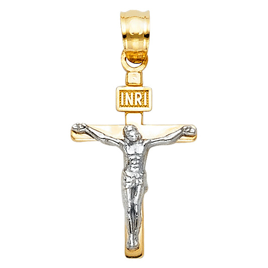 14k Yellow & White Gold INRI Crucifix Pendant Jesus Christian Catholic Charm