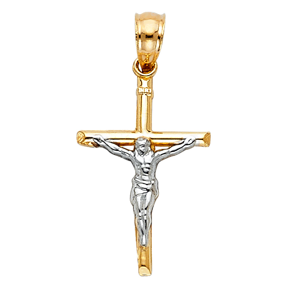 14k Yellow & White Gold Cross Pendant Crucifix Jesus Christ Catholic Charm