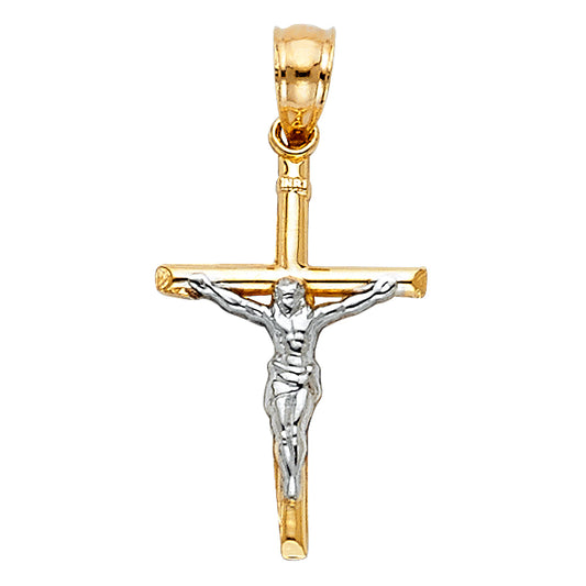 14k Yellow & White Gold Cross Pendant Crucifix Jesus Christ Catholic Charm