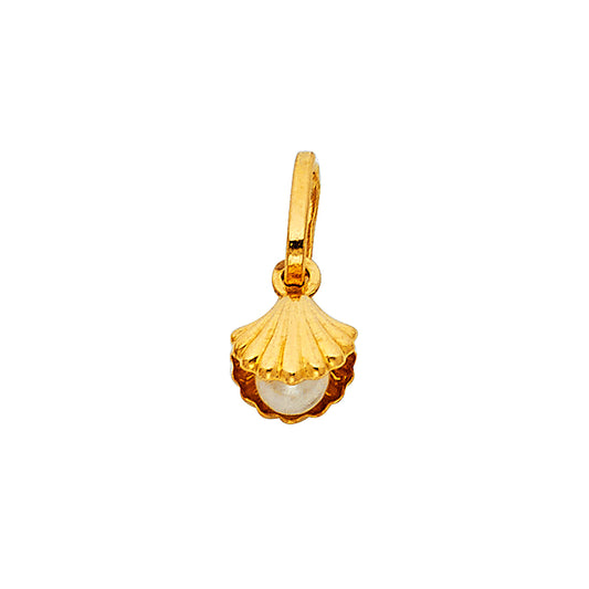 14k Yellow Gold Coral Reef Open Clam Shell Pendant Simulated Pearl Marine Charm