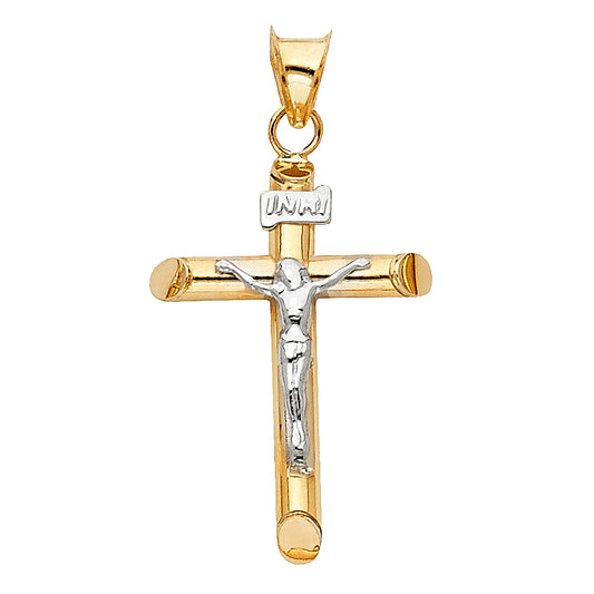 14k Yellow & White Gold Wide Crucifix Pendant High Polish INRI Jesus Christ Charm