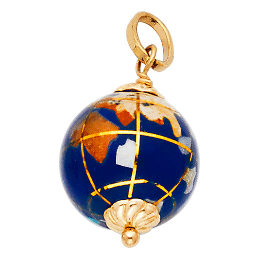 14k Yellow Gold Detailed Enamel Globe Pendant Earth World Safe Travels Charm
