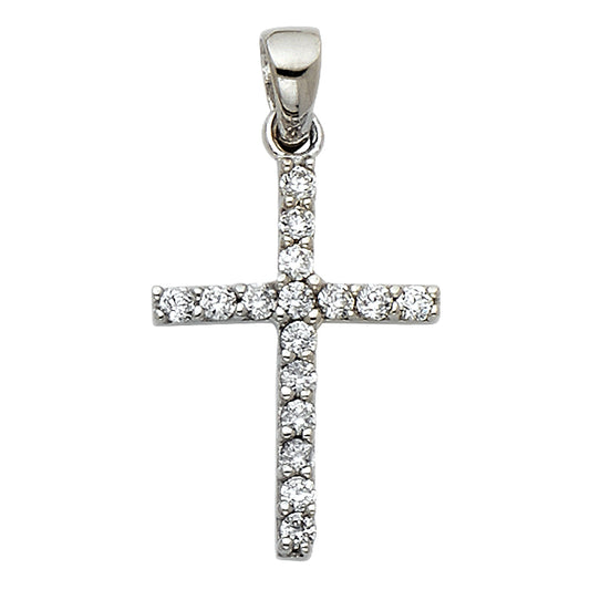14k White Gold Classic Christian Design Traditional Clear CZ Cross Faith Pendant