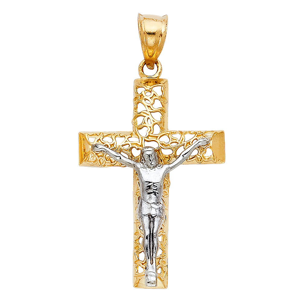 14k Yellow & White Gold Crucifix Pendant Jesus Christ Cross Catholic Faith Charm