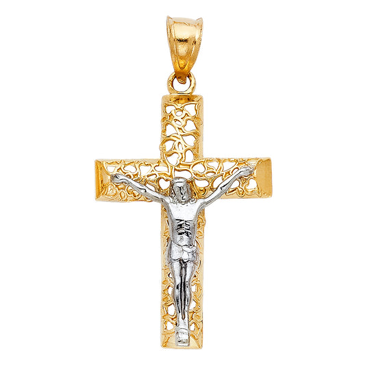 14k Yellow & White Gold Crucifix Pendant Jesus Christ Cross Catholic Faith Charm