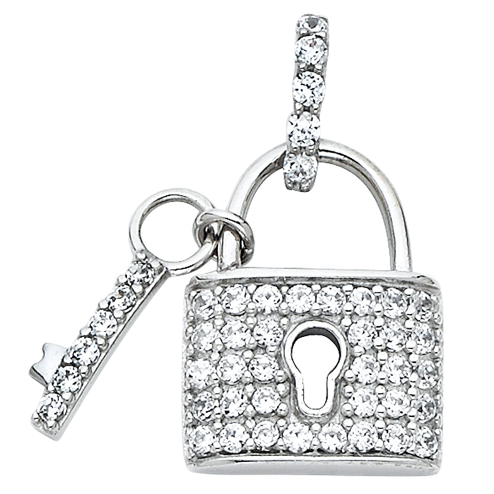 14k White Gold I Love You Lock & Key to My Heart Pendant Dazzling Clear CZ Charm