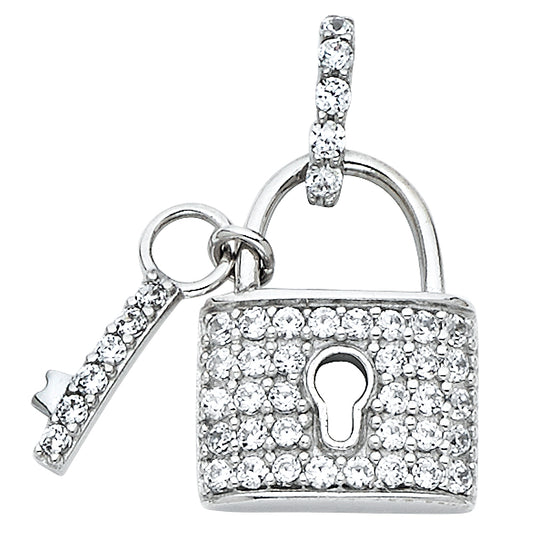 14k White Gold I Love You Lock & Key to My Heart Pendant Dazzling Clear CZ Charm