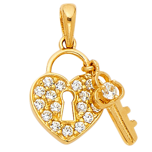 14k Yellow Gold I Love You Key to My Heart Pendant Anniversary Clear CZ Charm