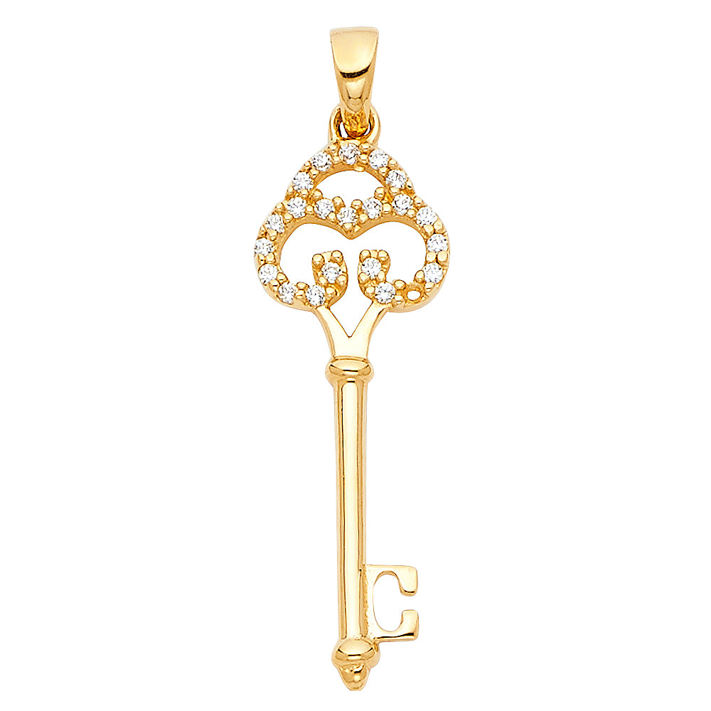 14k Yellow Gold I Love You Skeleton Key to My Heart Pendant Clear CZ Charm