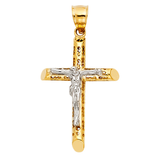 14k Yellow & White Gold Crucifix Cross Pendant Christian Catholic Jesus Charm