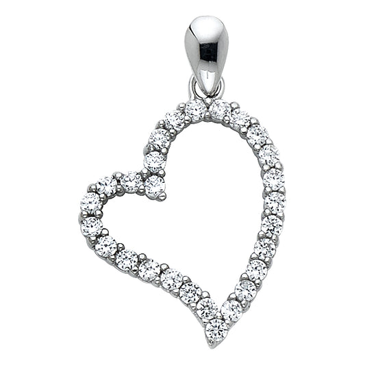 14k White Gold Stylish Open Design Floating Heart Pendant Clear CZ Love Charm