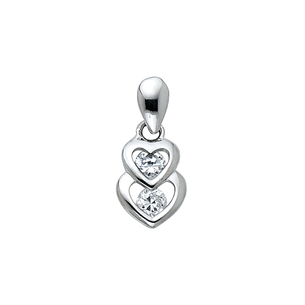 14k White Gold Interlocking Double Heart Pendant True Love Open Clear CZ Charm