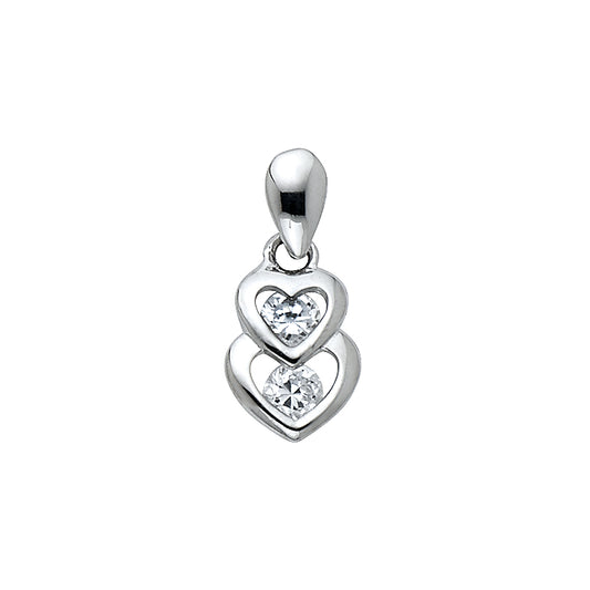 14k White Gold Interlocking Double Heart Pendant True Love Open Clear CZ Charm