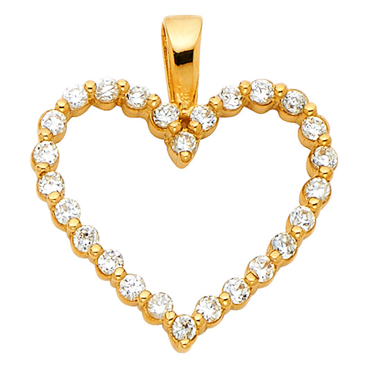 14k Yellow Gold Bright Stylish Design Fancy Open Heart Pendant Clear CZ Charm