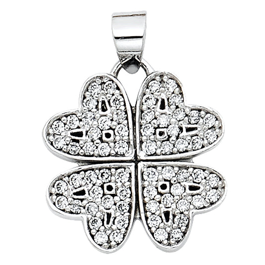 14k White Gold Unique Sparkling Charm Heart Shaped Four Leaf Clover Pendant